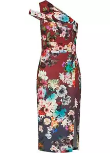 One Shoulder Kleid mit Schlitz Gr. 40/42 Rot Grün Beige Geblümt Abendkleid Neu - Bild 1 von 1