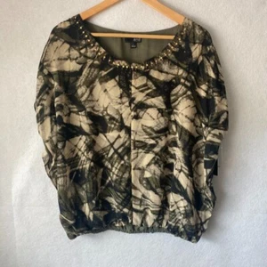 NWT ANA Green Tan Black Short Sleeved Scooped Embellished Neck Blouse Size Large - Picture 1 of 11