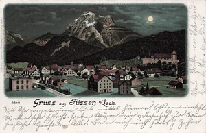 GRUSS AUS Füssen a Lech DEUTSCHLAND BEI MOND um 1900 ALTE POSTKARTE 030225 U - Bild 1 von 2