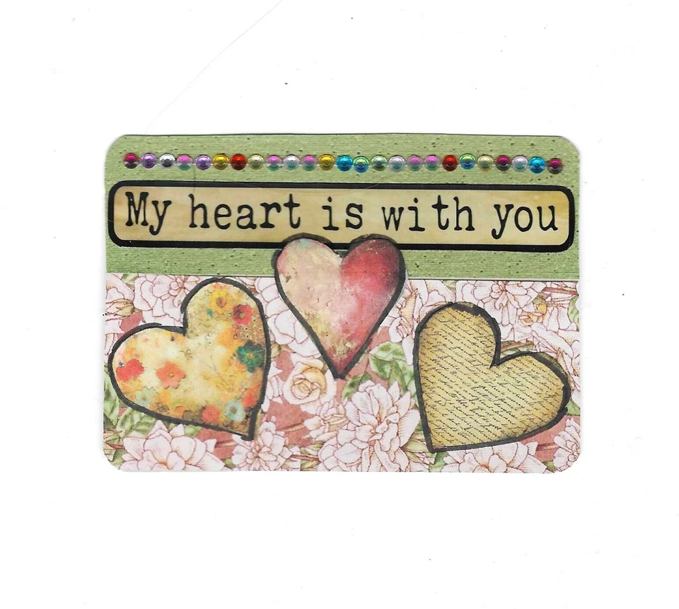 Tarjeta Coleccionable Arte ACEO ATC Original ÚNICA Corazones Gemas Mi Corazón Está Contigo Amor Foto 1 de 1