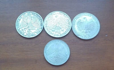 Lot of 4 Germany 10 and 5 Mark Silver coins from 1968 until 1987 - Image 1 of 4