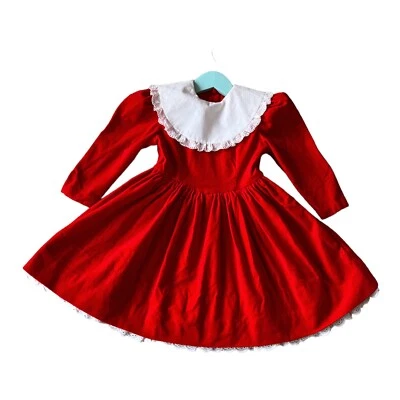 Vestido de fiesta vintage de terciopelo rojo cuello redondo grande ojales encaje volantes ribete niña 6 7 Foto 1 de 4