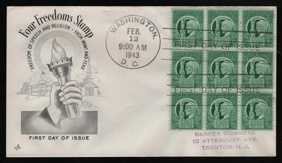 #908 1c Four Freedoms-Block of 9, Art Craft H/C **ANY 5=FREE SHIPPING** - Image 1 of 1