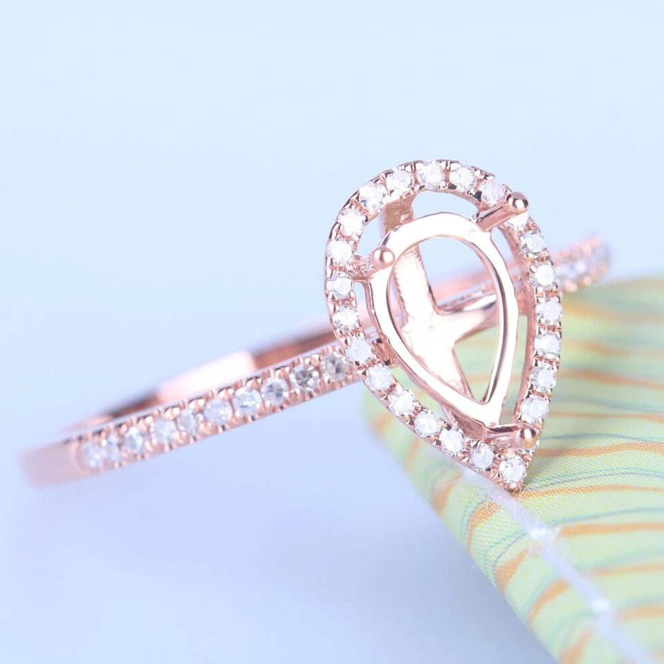 10K Rose Gold Fine Pave .2ct Real Diamonds Semi Mount 7x5mm Pear Wedding Ring - Image 1 of 4