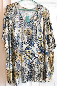 NWT Maurices IVORY blue gold black PAISLEY PRINT short sleeve KNIT  Top 1X - Picture 1 of 4