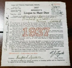 1937 Ontario Deer Hunting License - Lands & Forests Game Fisheries L&F MNR - Picture 1 of 4
