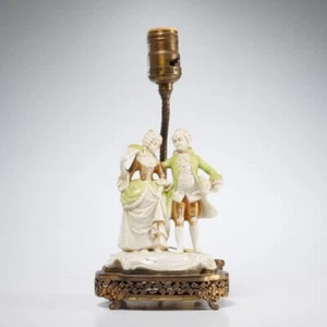 German Porcelain Green Gold 18th C Style Courting Couple Figurine Boudoir Lamp - Picture 1 of 5