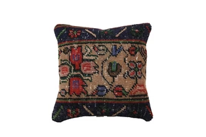 Square Turkish Oushak Rug Pillow Cover, Dark Brown Wool Boho Woven Carpet Case - Picture 1 of 4