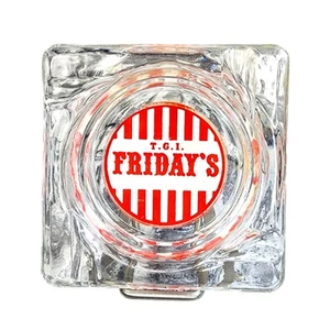 Posacenere vintage T.G.I Friday's Square vetro trasparente con logo ristorante - Foto 1 di 4