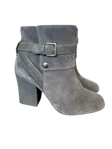 M&S Grey Suede Leather Block Heel Ankle Boots Women's UK 5 Zip Up Buckle - Picture 1 of 12
