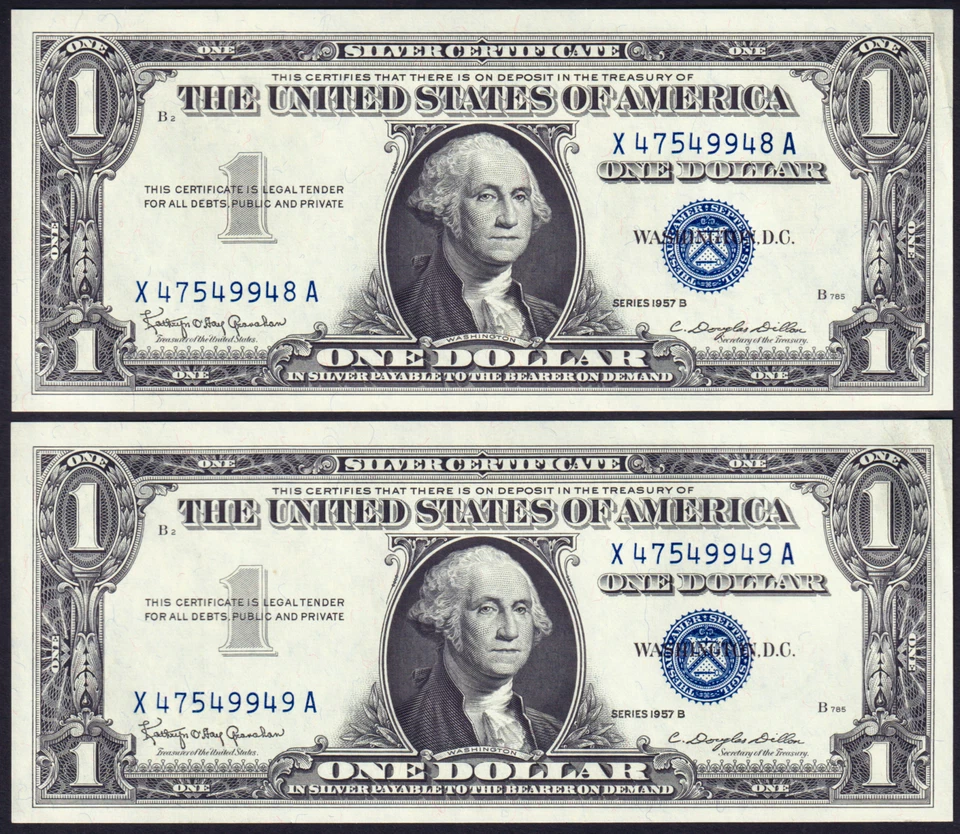 USPC TWO (X2) FR 1621 $1 1957B SILVER CERTIFICATES, UNC (GEM) WITH SEQ SERIAL#'s - Image 1 of 4