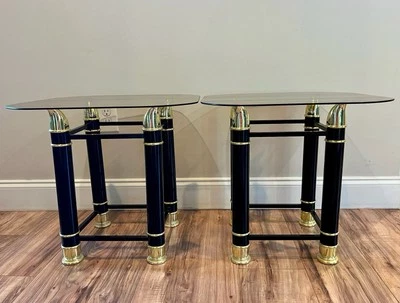 Vintage Italian MCM Side Tables Tommaso Barbi Style Black Gold Faux Tusk Horn - Image 1 of 4