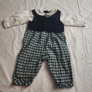 Mameluco Petit Ami verde a cuadros azul de una pieza bebé niño talla 6 meses vintage  - Imagen 1 de 5