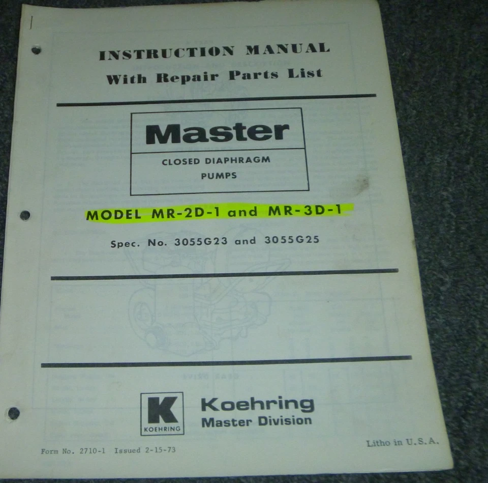Bomba de diafragma cerrada Koehring Master MR-3D-1 lista de piezas y manual del operador xz Foto 1 de 1