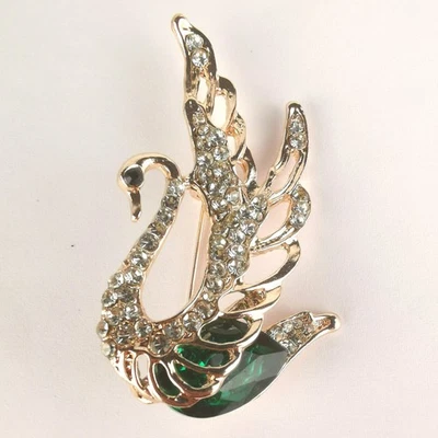 Rhinestone Crystal Swan Rose Gold Tone With Green Faceted Stone Brooch Pin - image 1 of 4