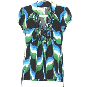 Heart Soul Blouse Blue Kelly Green Ruffled V Neck Cap Sleeves Women S Tie Back - Picture 1 of 9