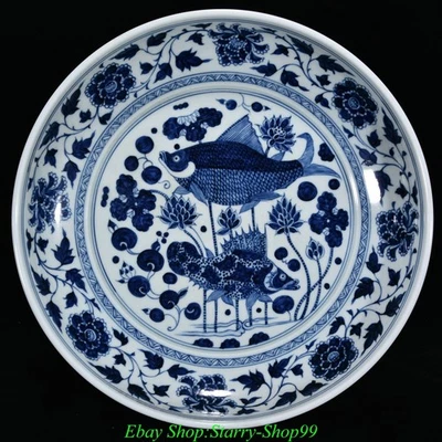 Plato Bandeja Plato 12.6" Antiguo Dinastía Yuan Azul Blanco Porcelana Peces Animal Patrón Foto 1 de 4