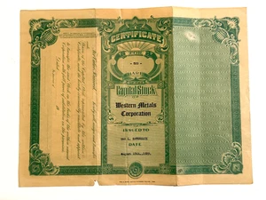 Certificado de 500 acciones de Western Metals Corporation 1929 - accidente anterior - Imagen 1 de 3