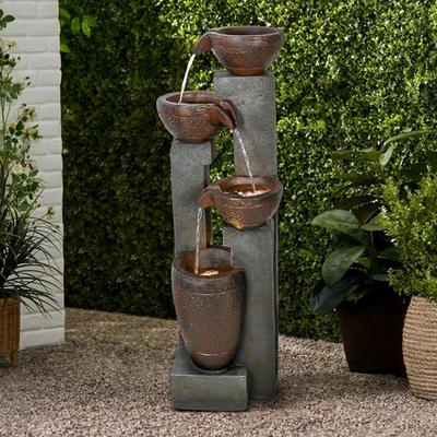 Faux Stone Water Feature – Outdoor Cascading Fountain with LED Lights for Patio - Image 1 of 4