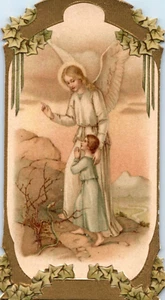 C 1900 Embossed Dresden Gilt Holy Religious Prayer Card Guardian Angel Snake - Picture 1 of 3