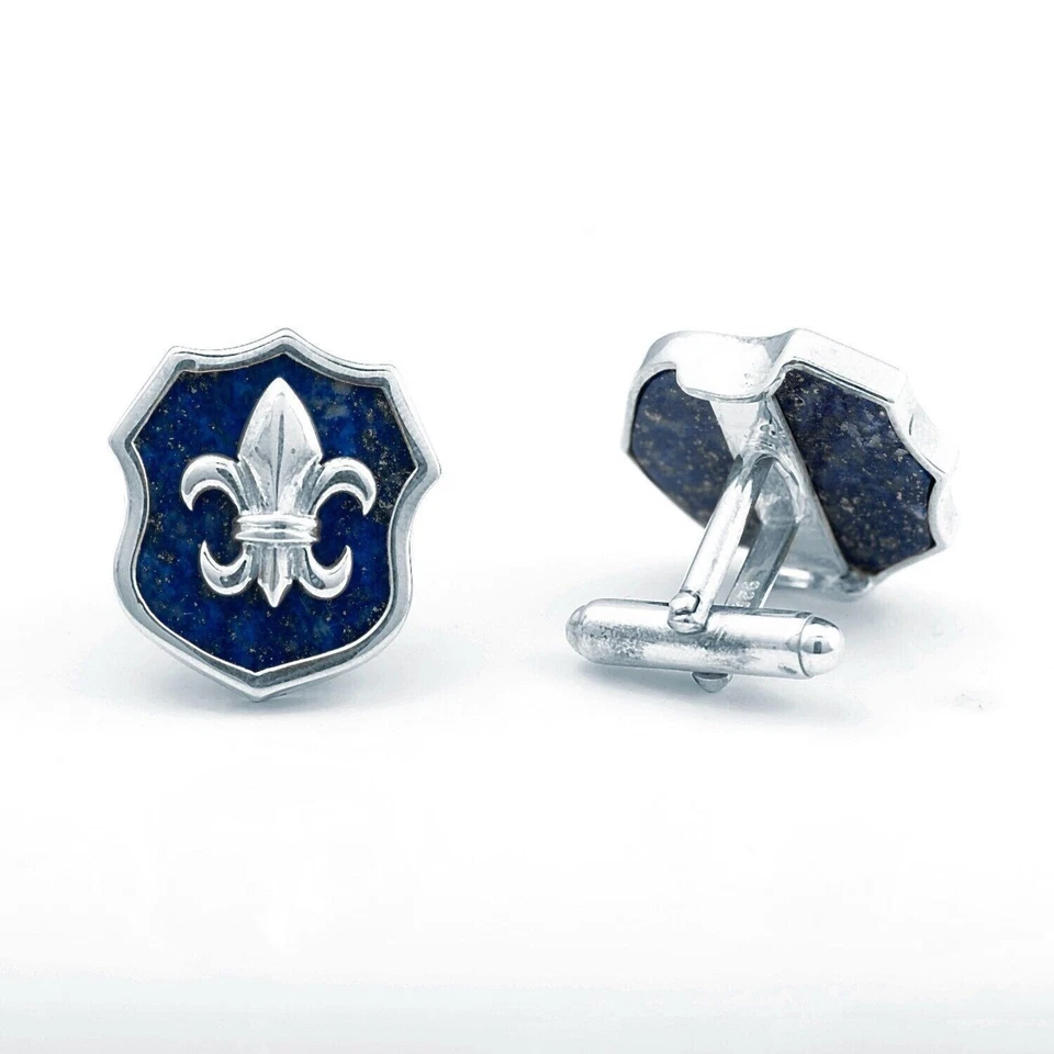 925 Sterling Silver Blue Lapis Lazuli Stone Fleur De Lis Sign Men's Cufflinks Foto 1 de 1