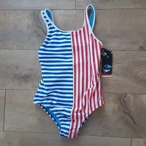 Speedo Girls Size 14 Swimsuit One Piece Thin Straps True Cobalt Blue Stripe New - Picture 1 of 4