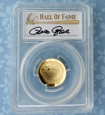 2014 W PCGS Proof 70 Deep Cameo GOLD Baseball Glove $5 Coin, Pete Rose Signature Cover