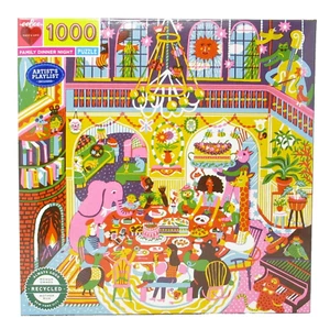 eeBoo Jigsaw Puzzle 1000 Piece Family Dinner Night colorful people animals cakes - Picture 1 of 3