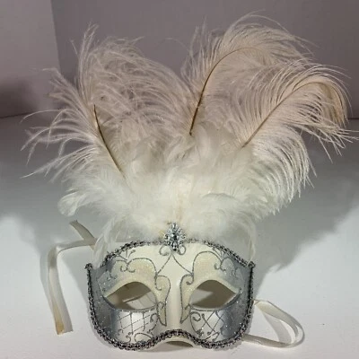 Mardi Gras Carnival Masquerade Party Eye Mask Silver Glitter Sparkles Feathers - Image 1 of 4