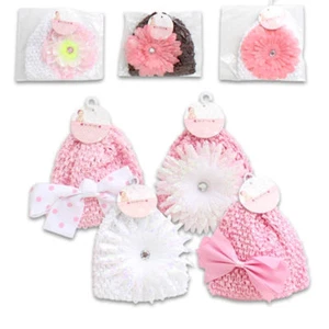 Lot 14 Baby Infant beanie Cap Hats w/ Flowers & Bows Girls 0-3 months Pink White - Picture 1 of 11