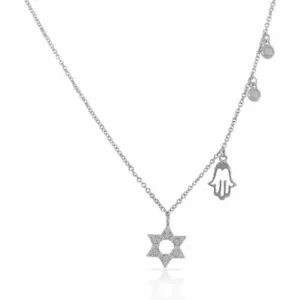 Sterling Silver Jewish Star David Hamsa White Crystals CZ Pendant Necklace - Picture 1 of 4