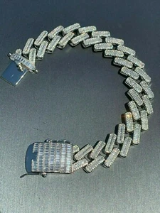 Men's 18mm Baguette Prong Cuban Bracelet Solid 925 Sterling Silver FULLY CZ - Picture 1 of 12