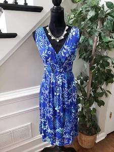 St John's Bay Women Blue Floral Rayon V-Neck Sleeveless Knee Length Dress Size L - Picture 1 of 11