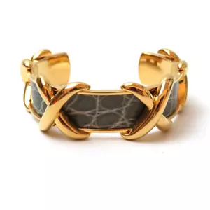Hermes Lizard Bangle Bordeaux x Gold Material Metal Enamel Authentic Ladies - Picture 1 of 6