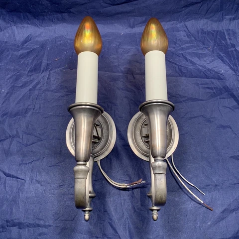 Pair of quality early antique pewter sconces Newly Rewired 97C Cover