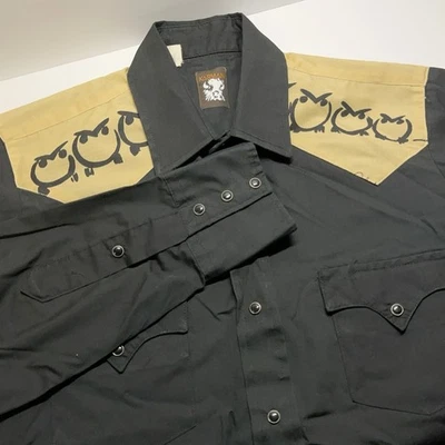 Karman Western Shirt Vintage Black Tan Owl Print Pearl Snap Mens Size M 15.5/33 - Image 1 of 4