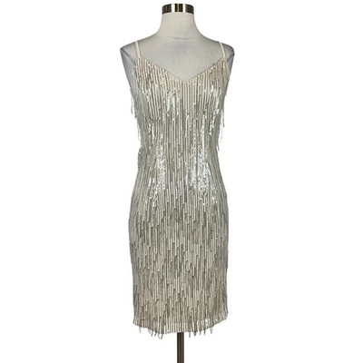 Calvin Klein Women's Cocktail Dress Size 4 Silver Sequined Fringe Midi Sheath - image 1 of 4
