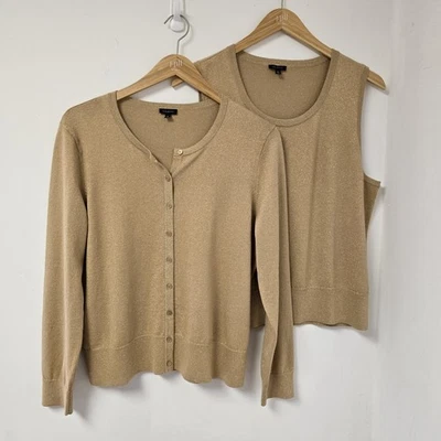 Talbots Twin Set Cardigan + Top XL Gold Button Down Sleeveless Metallic Stretch - Image 1 of 4
