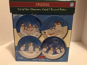 Oneida Snow Family Fun Salad/Dessert Plates Debbie Taylor-Kerman NEW Stoneware - Picture 1 of 9