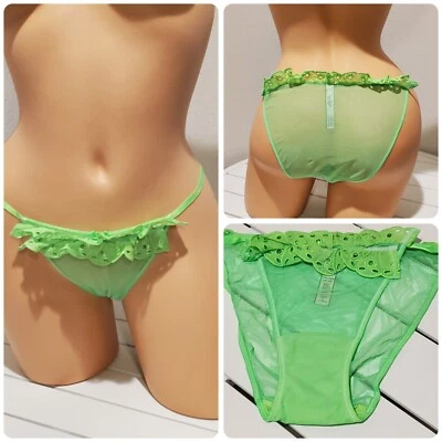 Трусики бикини Victorias Secret Dream Angels кружевные с петлями и оборками 7/L ЗЕЛЕНЫЕ цитрон - Изображение 1 из 4