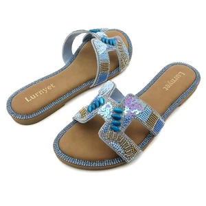 Women's Beaded Summe Slide Sandals Crystal Embellished H-Strap Sequin Decorated - Picture 1 of 31