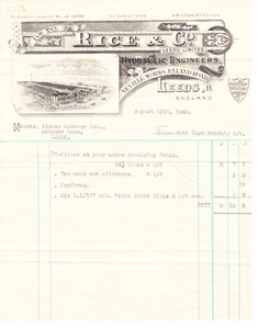 1942 Rice & Co Leeds Hydraulic Engineers Sidney Webster Billhead Invoice Receipt - Picture 1 of 2