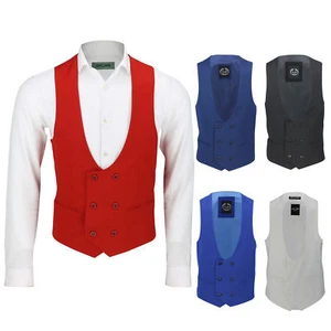 Mens Double Breasted Low U Cut Formal Suit Waistcoat Fitted Smart Casual Vest - Picture 1 of 17