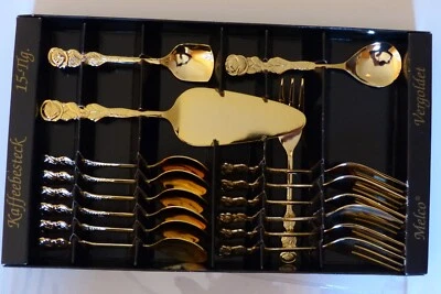 Neuwertig unbenutzt Marken Kaffee Besteck Set Hildesheimer Rose vergoldet - Bild 1 von 4
