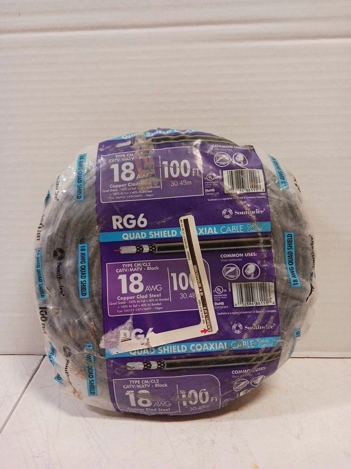 Bobina de cable coaxial Southwire RG6-Quad Shield 18 AWG negro 100 pies Foto 1 de 1