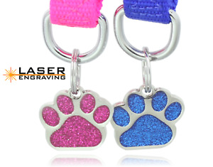 Glitter Paw Print Pet ID Tags Custom Engraved Dog Cat Tag Personalized 