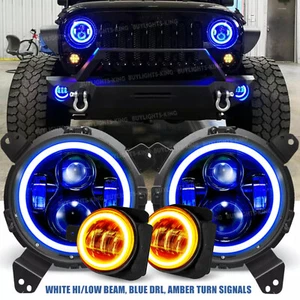 Blue Halo LED Headlights+Fog Lights for 2018-2025 Jeep Wrangler JL Gladiator JT - Picture 1 of 21