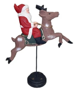 12” Wood Santa on Reindeer Christmas Figurine on Stick Folk Art Primitive - Picture 1 of 4