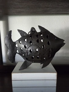 Vintage Iron Fish Hanger Votive Tea Light Candle Holder Rustic Decor 10" - Picture 1 of 11