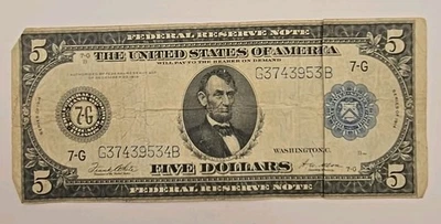 Series 1914 $5 Federal Reserve Note 7-G Chicago, IL Blue Seal Large Note - Image 1 of 4